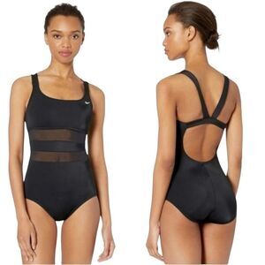 Nike Swim Solid Mesh V-‎ Back One Piece Black Competition Swimwear Racing L